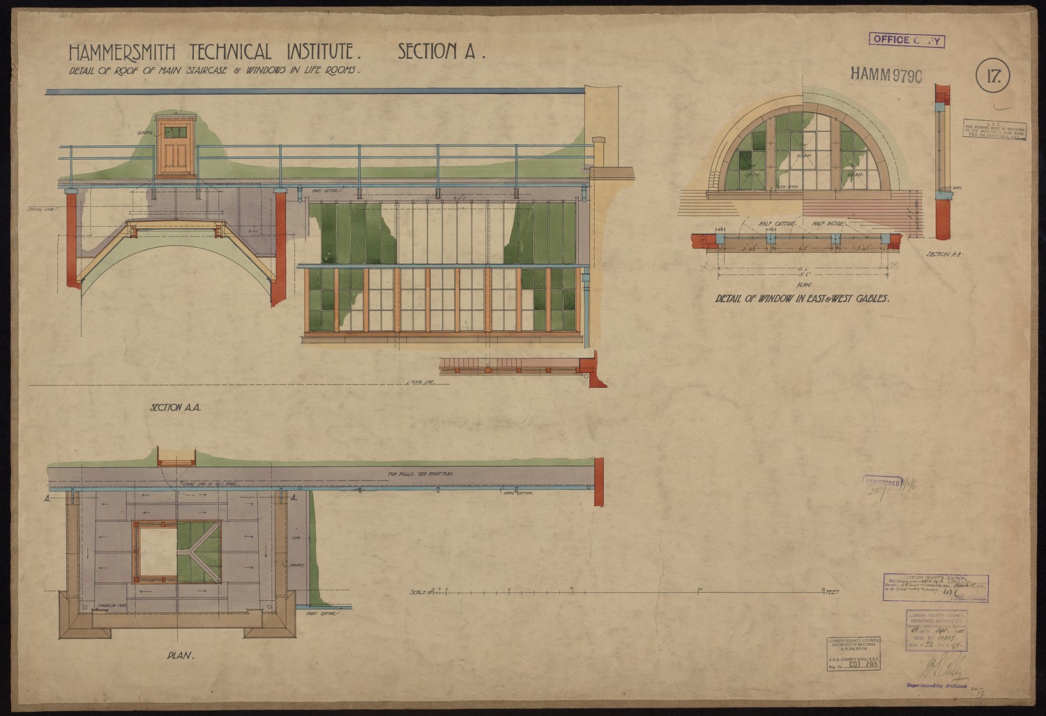 Hammersmith Technical Institute Section A - Detail of Roof of Main Staircase & Windows in Life Rooms.