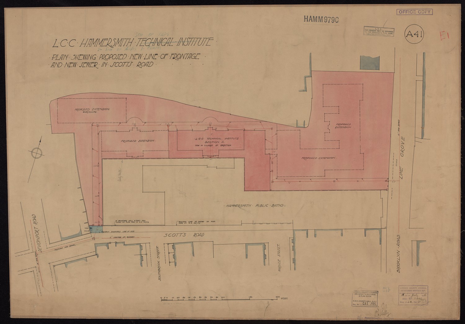 L.C.C Hammersmith Technical Institute - Plan Shewing Proposed New Lineof Frontage and New Sewer in Scott's Road