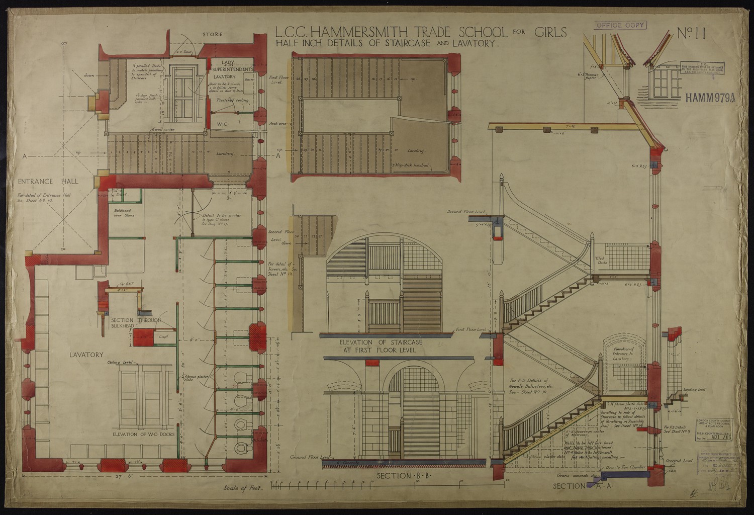 L.C.C. Hammersmith Trade School for Girls: Half Inch Details of Staircase and Lavatory