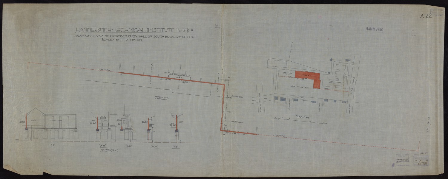 Hammersmith Technical Institute Block A - Plan & Sections of Proposed Party Wall on South Boundary of Site